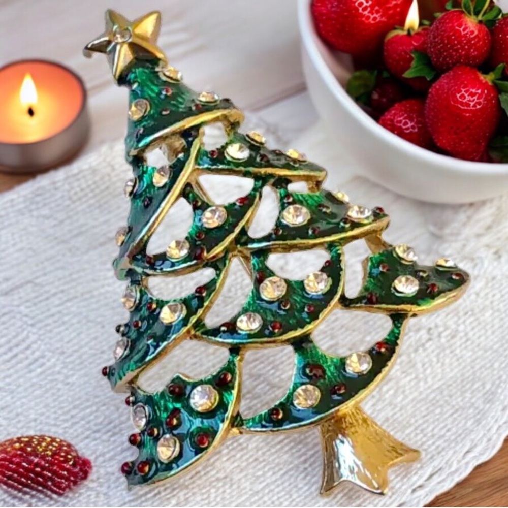 Vintage Christmas Tree Brooch Green Enamel Clear Rhinestones See Thru Cut-Outs